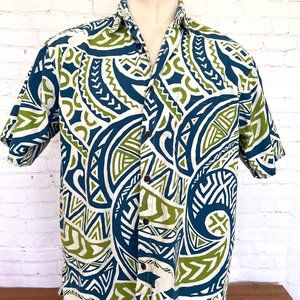 Go Barefoot - Hawaiian Short Sleeve Shirt - Blue,Green, White - Size Large